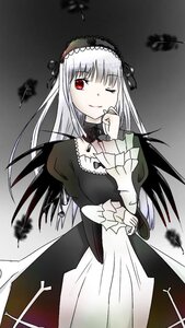 Rating: Safe Score: 0 Tags: 1girl black_dress black_wings dress feathers frills gradient gradient_background grey_background hairband image lolita_hairband long_hair long_sleeves looking_at_viewer one_eye_closed red_eyes silver_hair smile solo suigintou wings User: admin