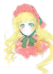 Rating: Safe Score: 0 Tags: 1girl bangs blonde_hair blush bow bowtie eyebrows_visible_through_hair green_eyes hat image long_hair looking_at_viewer pink_bow shinku simple_background solo striped white_background User: admin