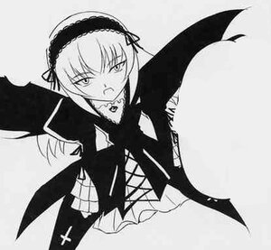 Rating: Safe Score: 0 Tags: 1girl black_wings detached_collar dress frills greyscale hairband image long_hair long_sleeves looking_at_viewer monochrome rose simple_background solo suigintou wings User: admin