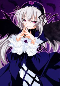 Rating: Safe Score: 3 Tags: 1girl black_wings dress feathers flower frilled_sleeves frills gothic_lolita hairband image lolita_fashion lolita_hairband long_hair long_sleeves looking_at_viewer pink_eyes rose silver_hair smile solo suigintou wings User: admin