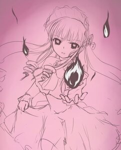 Rating: Safe Score: 0 Tags: 1girl dress frills image long_hair long_sleeves looking_at_viewer monochrome pink_background pink_theme shinku simple_background solo User: admin