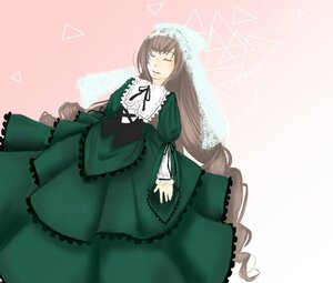 Rating: Safe Score: 0 Tags: 1girl brown_hair closed_eyes dress frills green_dress image long_hair long_sleeves smile solo striped_background suiseiseki very_long_hair User: admin