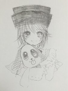 Rating: Safe Score: 0 Tags: 1girl blush eyebrows_visible_through_hair hat holding image long_sleeves looking_at_viewer monochrome short_hair simple_background sketch smile solo souseiseki striped stuffed_animal traditional_media User: admin