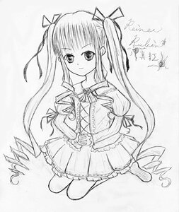 Rating: Safe Score: 0 Tags: 1girl blush drill_hair frills full_body greyscale hair_ribbon image long_hair long_sleeves looking_at_viewer monochrome ribbon shinku sidelocks skirt smile solo traditional_media twin_drills twintails User: admin