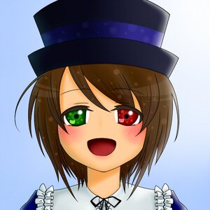 Rating: Safe Score: 0 Tags: 1girl :d blue_background blue_dress blue_headwear blush brown_hair eyebrows_visible_through_hair frills gradient gradient_background green_eyes hat image looking_at_viewer open_mouth portrait red_eyes ribbon short_hair smile solo souseiseki User: admin