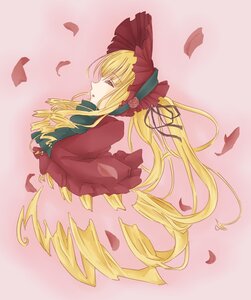 Rating: Safe Score: 0 Tags: 1girl blonde_hair bonnet bow closed_eyes dress flower image long_hair long_sleeves petals pink_background red_dress rose shinku sleeping solo striped twintails very_long_hair User: admin