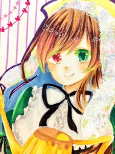 Rating: Safe Score: 0 Tags: 1girl brown_hair green_eyes heterochromia image long_hair looking_at_viewer ribbon smile solo suiseiseki traditional_media upper_body User: admin