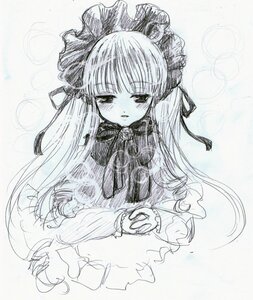 Rating: Safe Score: 0 Tags: 1girl bangs blush dress eyebrows_visible_through_hair hair_ribbon image long_hair long_sleeves looking_at_viewer monochrome ribbon shinku sketch solo traditional_media User: admin