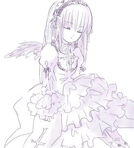 Rating: Safe Score: 0 Tags: 1girl closed_eyes dress flower frills hairband image lolita_hairband long_hair long_sleeves monochrome ribbon simple_background solo standing suigintou white_background wings User: admin