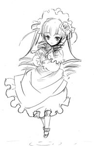 Rating: Safe Score: 0 Tags: 1girl dress flower frills full_body greyscale hair_flower hair_ornament image long_hair long_sleeves looking_at_viewer monochrome shinku simple_background smile solo standing twintails white_background User: admin