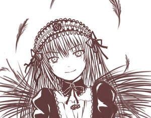 Rating: Safe Score: 0 Tags: 1girl closed_mouth feathers flower greyscale hairband image long_hair looking_at_viewer monochrome simple_background smile solo suigintou upper_body white_background wings User: admin