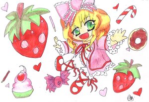 Rating: Safe Score: 0 Tags: 1girl :d auto_tagged blonde_hair bow cake chibi dress food fruit green_eyes heart hina_ichigo hinaichigo image long_sleeves open_mouth pink_bow red_footwear shoes short_hair smile solo strawberry striped traditional_media watermelon User: admin