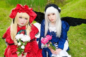 Rating: Safe Score: 0 Tags: 2girls bangs black_wings blonde_hair blue_eyes bow dress flower grass lips long_hair long_sleeves looking_at_viewer multiple_cosplay multiple_girls red_eyes siblings smile suigintou tagme wings User: admin