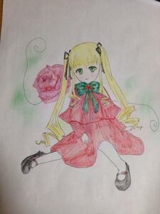 Rating: Safe Score: 0 Tags: 1girl blonde_hair blush bow bowtie capelet dress flower full_body green_eyes image long_hair long_sleeves looking_at_viewer marker_(medium) pantyhose photo rose shinku shoes sitting solo traditional_media twintails very_long_hair User: admin