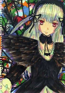 Rating: Safe Score: 0 Tags: 1girl black_dress black_wings dress flower frills hairband image lolita_hairband long_hair long_sleeves looking_at_viewer red_eyes ribbon silver_hair smile solo suigintou traditional_media wings User: admin