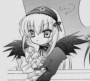 Rating: Safe Score: 0 Tags: 1girl black_wings blush dress eyebrows_visible_through_hair feathered_wings frilled_sleeves frills greyscale hairband image long_hair long_sleeves looking_at_viewer monochrome ribbon solo suigintou traditional_media upper_body wings User: admin