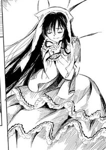 Rating: Safe Score: 0 Tags: 1girl closed_eyes closed_mouth dress frills greyscale houraisan_kaguya image imaizumi_kagerou long_hair long_sleeves monochrome simple_background skirt smile solo suiseiseki very_long_hair white_background User: admin