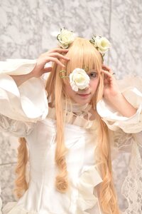 Rating: Safe Score: 0 Tags: 1girl bangs blonde_hair blurry dress flower hair_flower hair_ornament kirakishou lips long_hair rose solo vertical_stripes very_long_hair white_dress white_flower white_rose User: admin