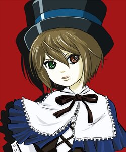 Rating: Safe Score: 0 Tags: 1girl blue_dress brown_hair capelet frills green_eyes hat heterochromia image long_sleeves looking_at_viewer red_background ribbon short_hair simple_background smile solo souseiseki top_hat upper_body User: admin