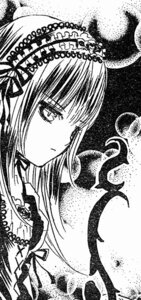 Rating: Safe Score: 0 Tags: 1girl closed_mouth expressionless flower greyscale hairband image long_hair looking_at_viewer monochrome profile ribbon solo suigintou upper_body User: admin