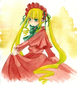 Rating: Safe Score: 0 Tags: 1girl blonde_hair blue_eyes bonnet bow bowtie capelet dress frills green_bow image long_hair long_sleeves looking_at_viewer red_dress shinku solo twintails very_long_hair User: admin