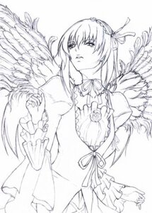 Rating: Safe Score: 0 Tags: 1girl angel_wings auto_tagged dress feathered_wings flower frills greyscale image long_hair long_sleeves monochrome ribbon rose solo suigintou wings User: admin