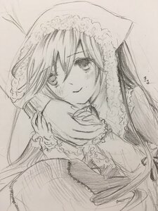 Rating: Safe Score: 0 Tags: 1girl blush closed_mouth frills greyscale image long_hair long_sleeves looking_at_viewer monochrome sketch smile solo suiseiseki traditional_media upper_body User: admin