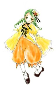 Rating: Safe Score: 0 Tags: 1girl dress drill_hair flower frills full_body green_eyes green_hair hair_ornament image kanaria long_sleeves shoes simple_background solo standing twin_drills white_background white_legwear yellow_dress User: admin