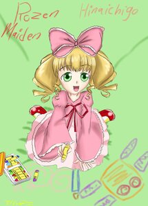 Rating: Safe Score: 0 Tags: 1girl :d blonde_hair bow dress drill_hair full_body green_background green_eyes hina_ichigo hinaichigo image long_sleeves looking_at_viewer open_mouth pink_bow pink_dress smile solo User: admin