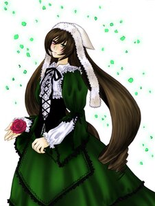 Rating: Safe Score: 0 Tags: 1girl brown_hair dress flower frills green_dress green_eyes heterochromia image long_hair long_sleeves looking_at_viewer red_eyes ribbon rose solo suiseiseki very_long_hair white_background User: admin