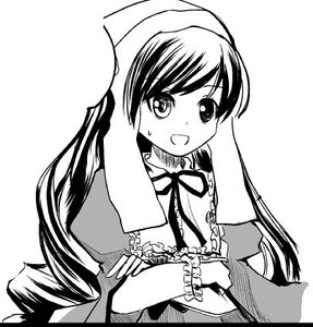 Rating: Safe Score: 0 Tags: 1girl :d blush dress frills greyscale image long_hair looking_at_viewer monochrome open_mouth ribbon simple_background smile solo suiseiseki upper_body white_background User: admin