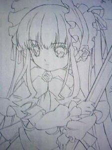 Rating: Safe Score: 0 Tags: 1girl bangs dress flower greyscale image long_hair long_sleeves looking_at_viewer monochrome rose shinku simple_background sketch solo traditional_media upper_body User: admin