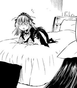 Rating: Safe Score: 0 Tags: 1girl bed blush dress frills greyscale hairband image lolita_hairband long_hair long_sleeves monochrome open_mouth pillow solo suigintou wings User: admin