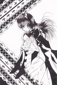 Rating: Safe Score: 0 Tags: 1girl dress frills greyscale image long_hair long_sleeves monochrome solo suigintou User: admin