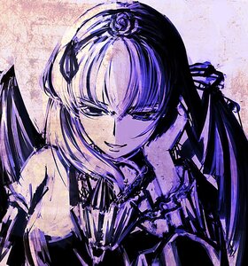 Rating: Safe Score: 0 Tags: 1girl commentary_request flower hair_flower hair_ornament hairband hand_on_own_face image long_hair mark_(heaven) monochrome purple_theme rose rozen_maiden smile solo suigintou wings User: admin