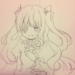 Rating: Safe Score: 0 Tags: 1girl bangs dress flower hair_flower hair_ornament image kirakishou long_hair long_sleeves monochrome rose solo traditional_media two_side_up upper_body wavy_hair User: admin