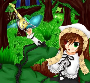 Rating: Safe Score: 0 Tags: 1girl brown_hair dress frills green_dress green_eyes hat head_scarf heterochromia image long_hair long_sleeves looking_at_viewer open_mouth outdoors red_eyes solo suiseiseki tree twintails very_long_hair watering_can User: admin