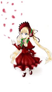 Rating: Safe Score: 0 Tags: 1girl blonde_hair blue_eyes bonnet bow bowtie capelet dress flower full_body green_bow image long_hair long_sleeves looking_at_viewer pantyhose petals red_dress shinku shoes solo standing twintails very_long_hair User: admin