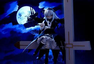 Rating: Safe Score: 0 Tags: 1girl closed_eyes doll dress frills full_moon hairband long_hair long_sleeves moon night silver_hair solo suigintou white_legwear wings User: admin