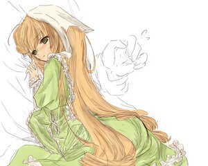 Rating: Safe Score: 0 Tags: 1girl bed bed_sheet blonde_hair blush dress frills green_dress green_eyes image long_hair long_sleeves looking_at_viewer looking_back lying solo suiseiseki very_long_hair User: admin