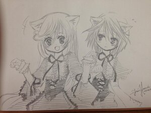 Rating: Safe Score: 0 Tags: 2girls animal_ears blush cat_ears dated frills image long_hair long_sleeves monochrome multiple_girls open_mouth pair photo signature souseiseki suiseiseki traditional_media User: admin