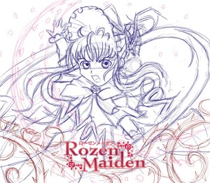 Rating: Safe Score: 0 Tags: 1girl dress hat image jewelry long_hair long_sleeves looking_at_viewer monochrome open_mouth petals shinku sketch solo white_background User: admin