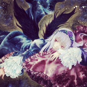 Rating: Safe Score: 0 Tags: 1girl black_wings dress flower frilled_sleeves frills hairband image long_hair long_sleeves looking_at_viewer red_eyes rose silver_hair solo suigintou wings User: admin