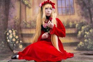 Rating: Safe Score: 0 Tags: 1girl blonde_hair blue_eyes bonnet dress flower holding long_hair long_sleeves realistic red_dress rose shinku sitting solo twintails User: admin