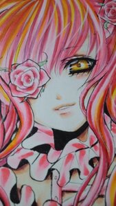 Rating: Safe Score: 0 Tags: 1girl flower hair_ornament image kirakishou long_hair looking_at_viewer pink_hair pink_rose red_rose rose solo traditional_media yellow_eyes User: admin