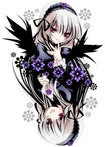 Rating: Safe Score: 0 Tags: 2girls black_wings dress flower frills hairband image lolita_hairband long_hair looking_at_viewer multiple_girls open_mouth pink_eyes purple_flower red_eyes rose silver_hair smile solo suigintou wings User: admin