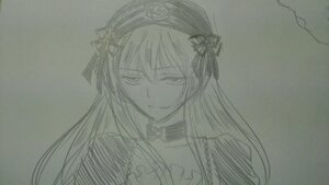 Rating: Safe Score: 0 Tags: 1girl choker closed_mouth dress frills hairband image long_hair looking_at_viewer monochrome simple_background smile solo suigintou traditional_media upper_body User: admin