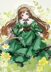 Rating: Safe Score: 0 Tags: 1girl absurdres ama-tou brown_hair capelet commentary_request corset dress flower frills green_dress green_eyes hairband heterochromia highres image long_hair long_sleeves looking_at_viewer open_mouth red_eyes rozen_maiden solo suiseiseki very_long_hair watering watering_can User: admin