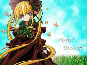 Rating: Safe Score: 0 Tags: 1girl blonde_hair blue_butterfly blue_eyes bonnet bow bowtie bug butterfly dress flower green_bow green_neckwear image insect long_hair long_sleeves pink_rose rose shinku sidelocks solo User: admin