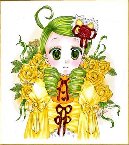 Rating: Safe Score: 0 Tags: 1girl ahoge drill_hair flower green_eyes green_hair hair_ornament image kanaria looking_at_viewer marker_(medium) red_rose rose shikishi solo traditional_media yellow_flower yellow_rose User: admin
